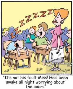 'It's not his fault Miss! He's been awake all night worrying about the exam!'